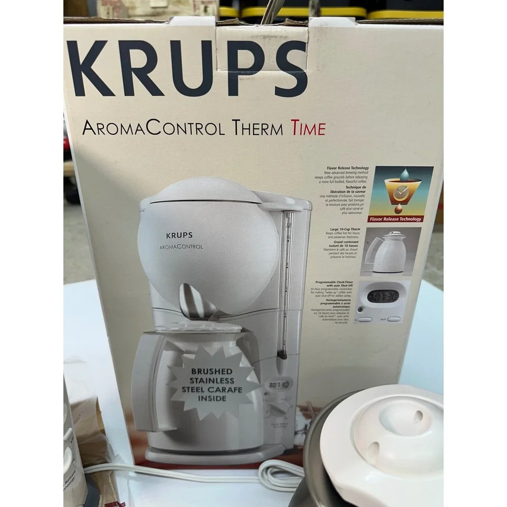 Krups AromaControl Therm Time Coffee Maker White Stainless Thermal Carafe NIB